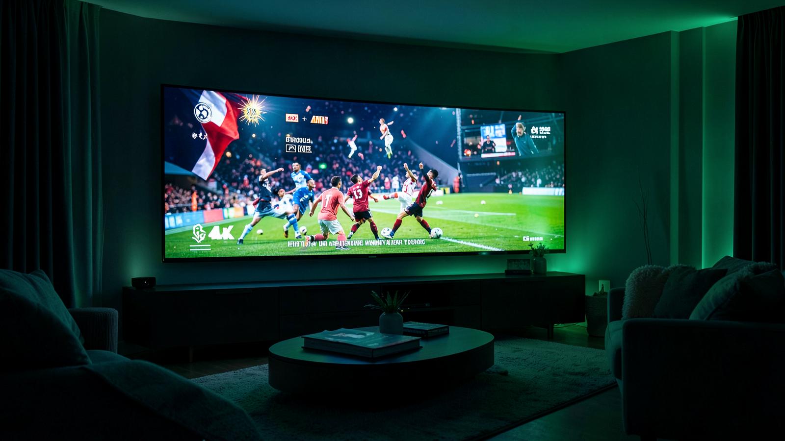 Smart TV 4K diffusant un match de football via un abonnement IPTV premium en France